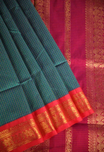 Bottle Green Karishma Cotton with Copper Zari Checks