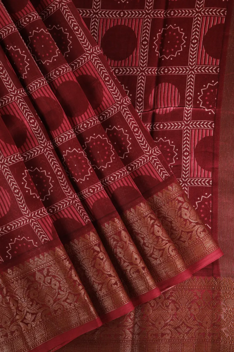 Berry Red Chanderi Cotton Sarees with Copper Zari Geometric Shapes