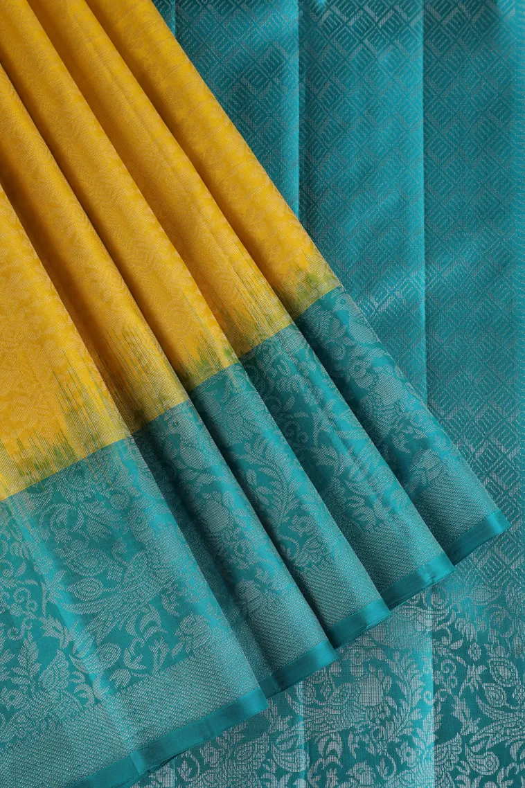 Macaroon Yellow Soft Silk Saree with Silver Zari Floral Patterns view 1