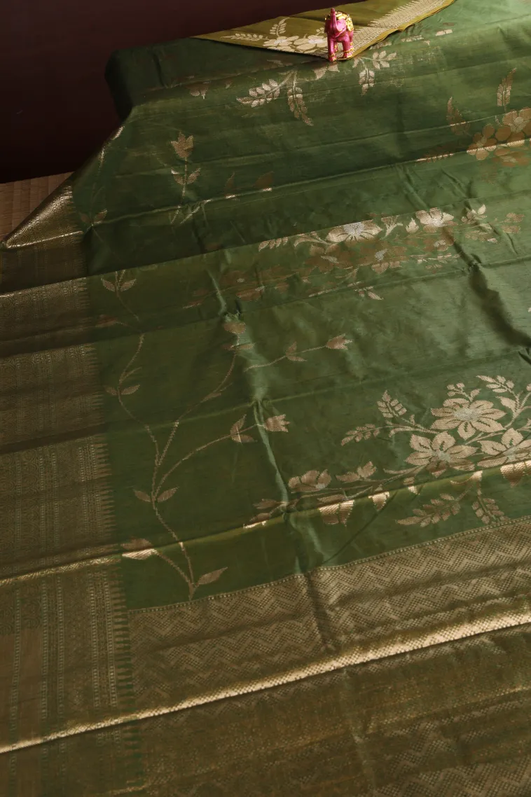 Pickle Green Semi Tussar Silk with Antic Zari Flower Mottif view 2