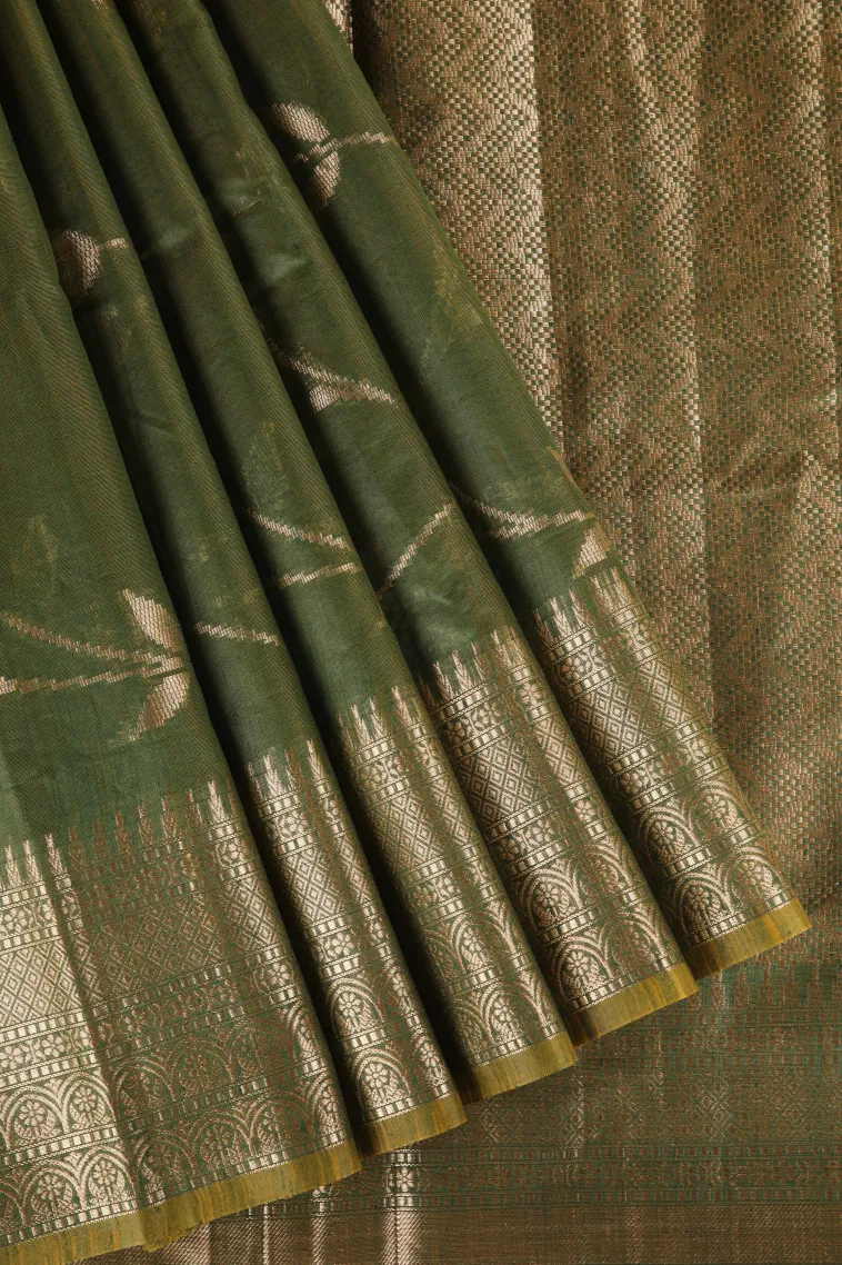Pickle Green Semi Tussar Silk with Antic Zari Flower Mottif