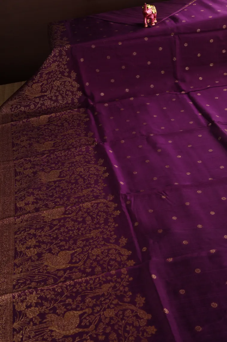 Magenta Purple Banaras Sarees with Copper Zari Buttis (small Dots Or Motifs) view 2