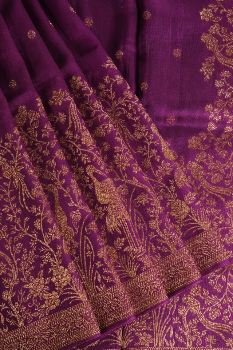 Magenta Purple Banaras Sarees with Copper Zari Buttis (small Dots Or Motifs)