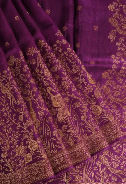 Magenta Purple Banaras Sarees with Copper Zari Buttis (small Dots Or Motifs)