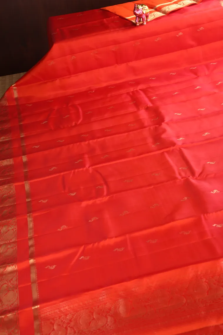 Fire Orange Soft Silk Saree with Gold Zari Peacock Motifs view 2