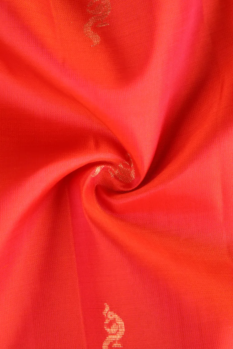 Fire Orange Soft Silk Saree with Gold Zari Peacock Motifs view 4