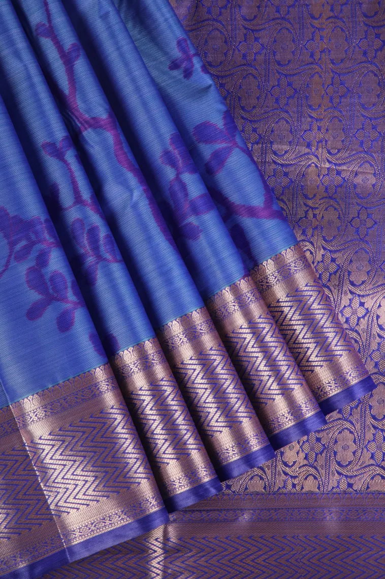 Cobalt Blue Soft Silk Sarees with Bronze Zari Floral Patterns