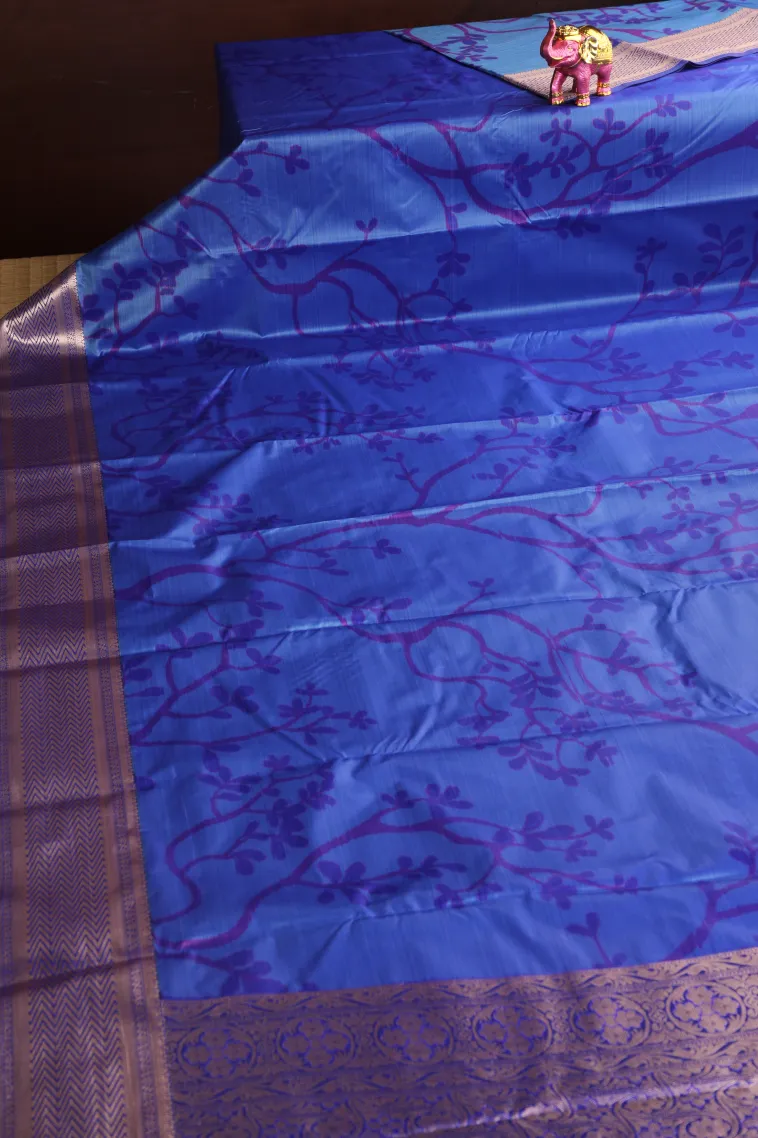 Cobalt Blue Soft Silk Sarees with Bronze Zari Floral Patterns view 2