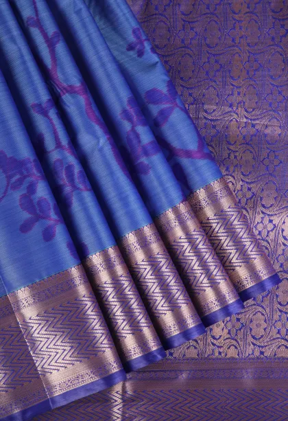 Cobalt Blue Soft Silk Sarees with Bronze Zari Floral Patterns