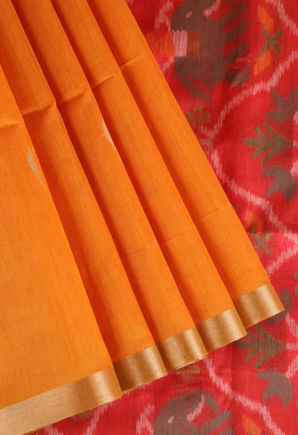 Carrot Orange Silk Cotton Sarees with Gold Zari Buttis (small Dots Or Motifs)