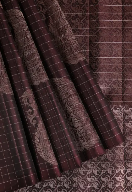 Jam Red Soft Silk Saree with Gold And Silver Zari Checks And Puttas