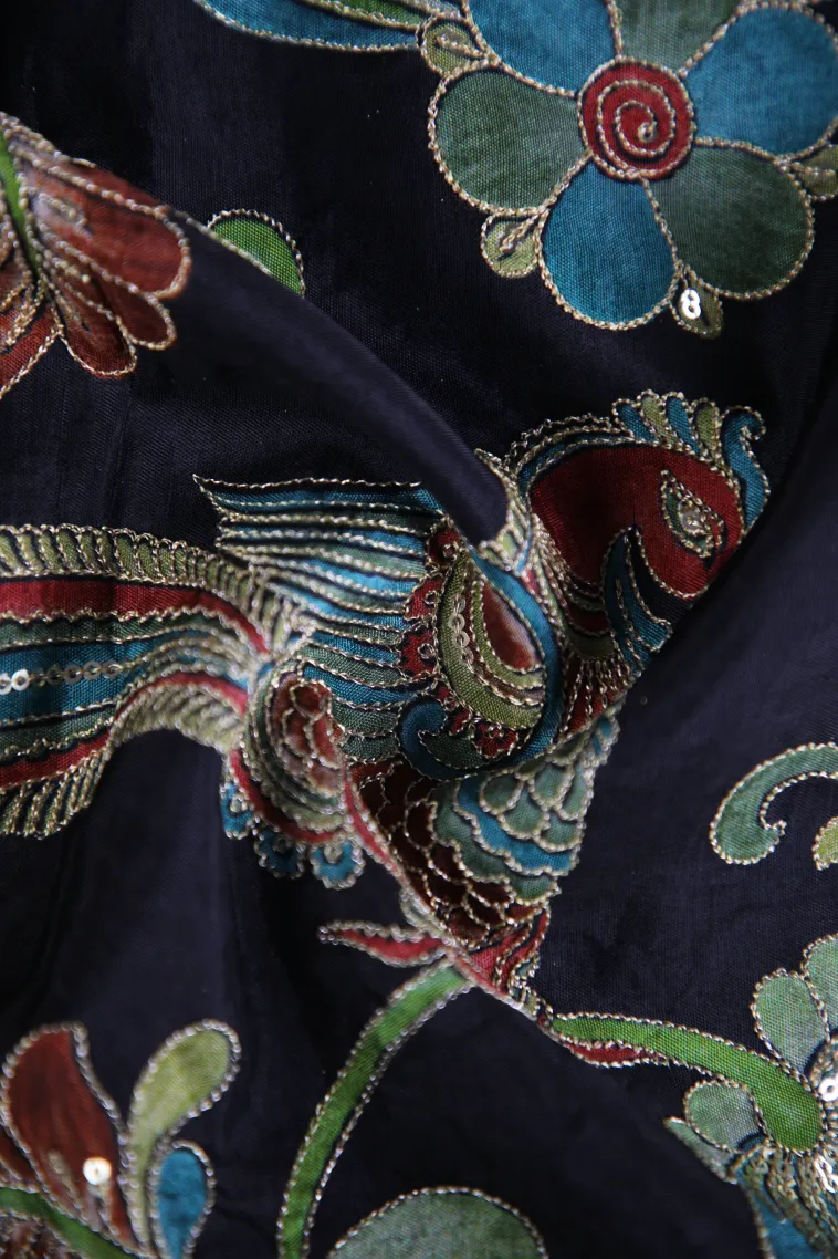 Asphalt Black Banaras Sarees with Gold Zari Floral Patterns view 4