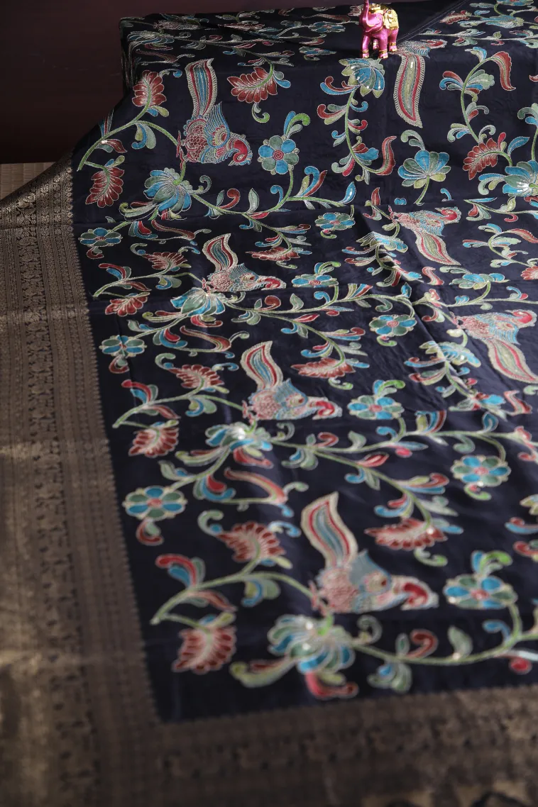 Asphalt Black Banaras Sarees with Gold Zari Floral Patterns view 2