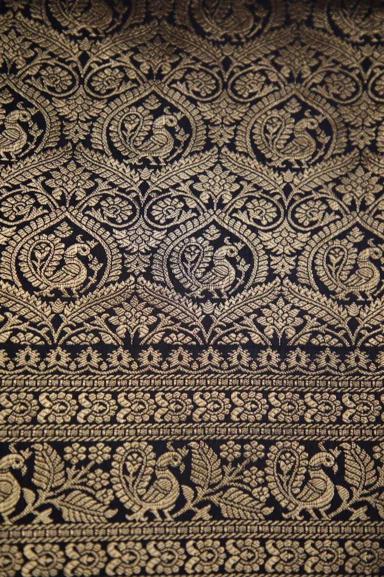 Asphalt Black Banaras Sarees with Gold Zari Floral Patterns view 3