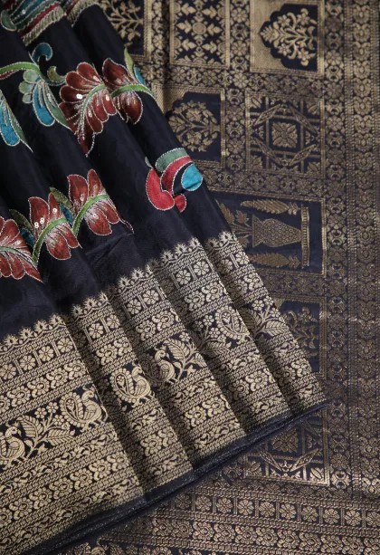 Asphalt Black Banaras Sarees with Gold Zari Floral Patterns
