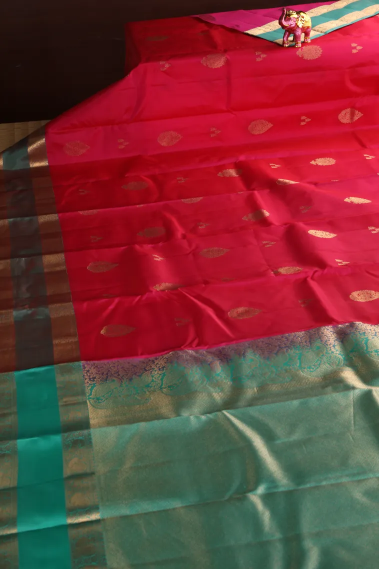 Punch Pink Soft Silk Saree with Gold Zari Buttis (small Dots Or Motifs) view 2