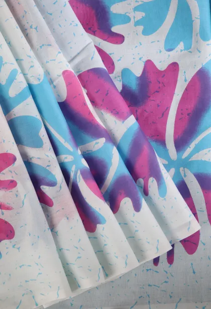 Cotton White Mul Mul Cotton Without Zari With Floral Patterns