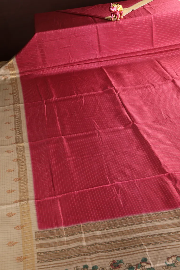 Punch Pink Semi Tussar Silk with Gold Zari Small Checks Pattern view 2