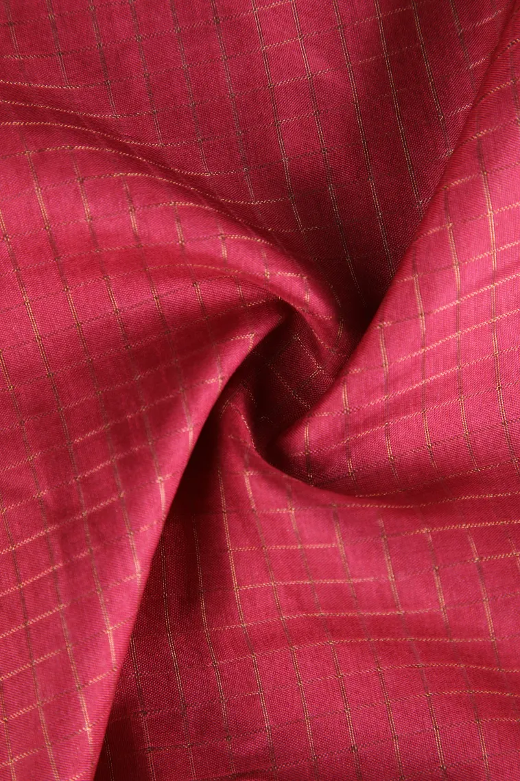 Punch Pink Semi Tussar Silk with Gold Zari Small Checks Pattern view 4