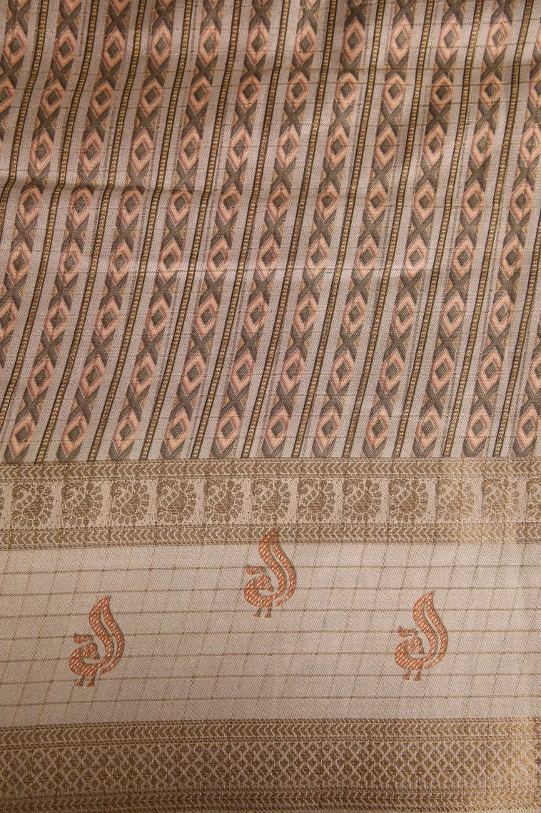 Punch Pink Semi Tussar Silk with Gold Zari Small Checks Pattern view 3
