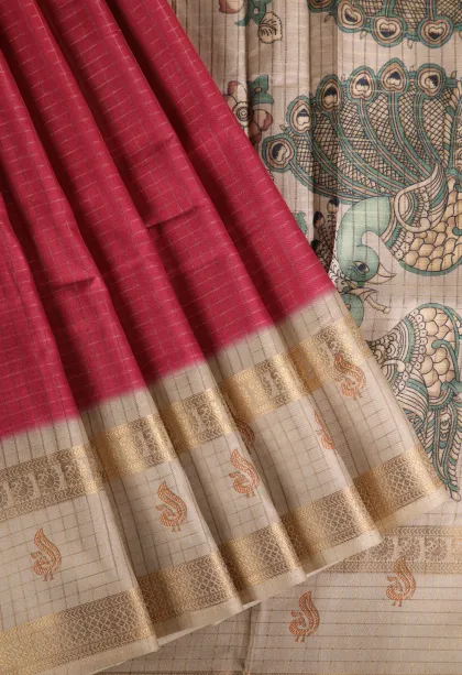 Punch Pink Semi Tussar Silk with Gold Zari Small Checks Pattern
