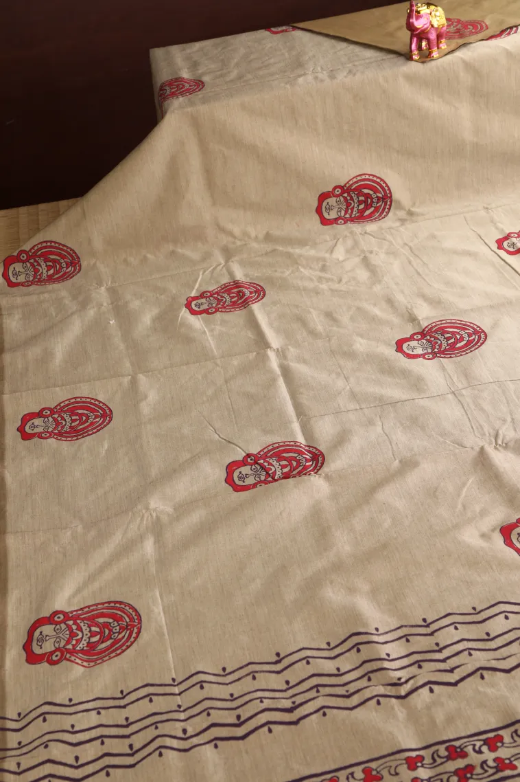 Linen White Poly Cotton Sarees Without Zari With Tribal Or Folk Art view 2