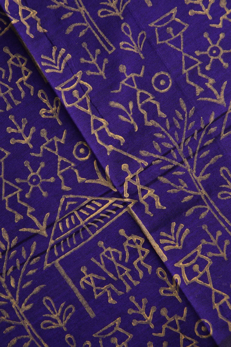 Linen White Poly Cotton Sarees Without Zari With Tribal Or Folk Art view 3