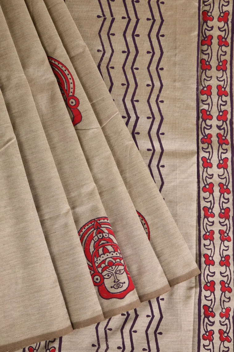 Linen White Poly Cotton Sarees Without Zari With Tribal Or Folk Art