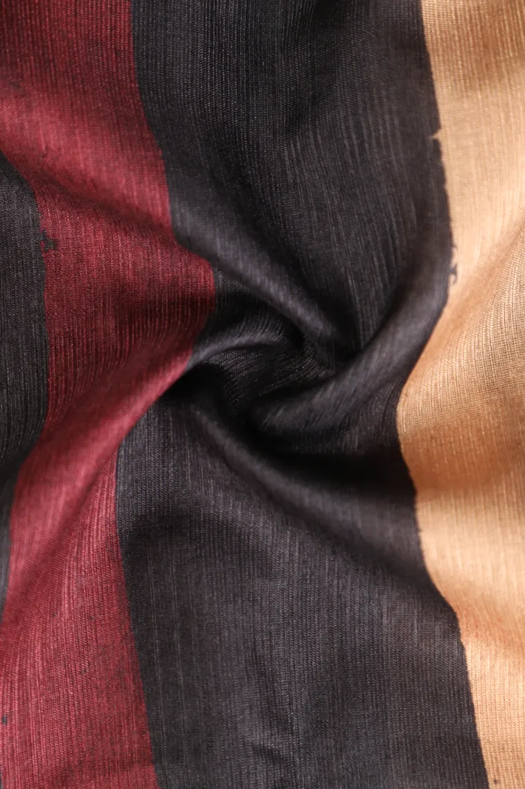 Asphalt Black Semi Tussar Silk Without Zari With Stripes view 4