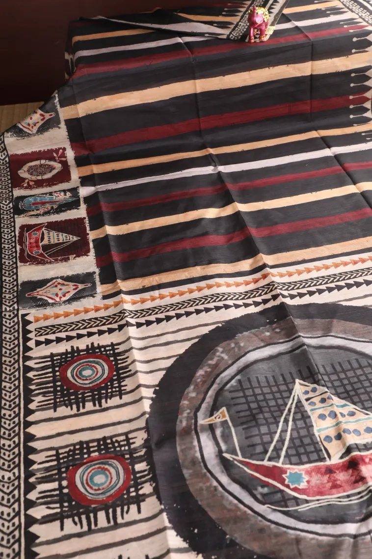 Asphalt Black Semi Tussar Silk Without Zari With Stripes view 2
