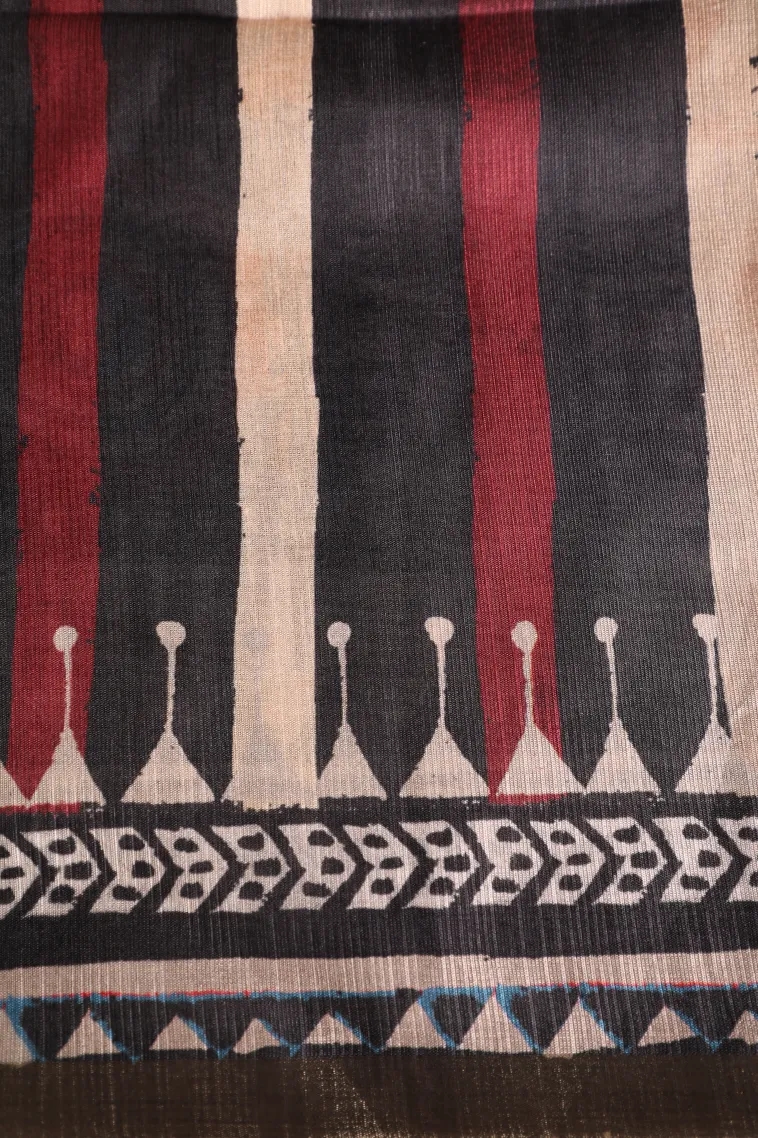 Asphalt Black Semi Tussar Silk Without Zari With Stripes view 3