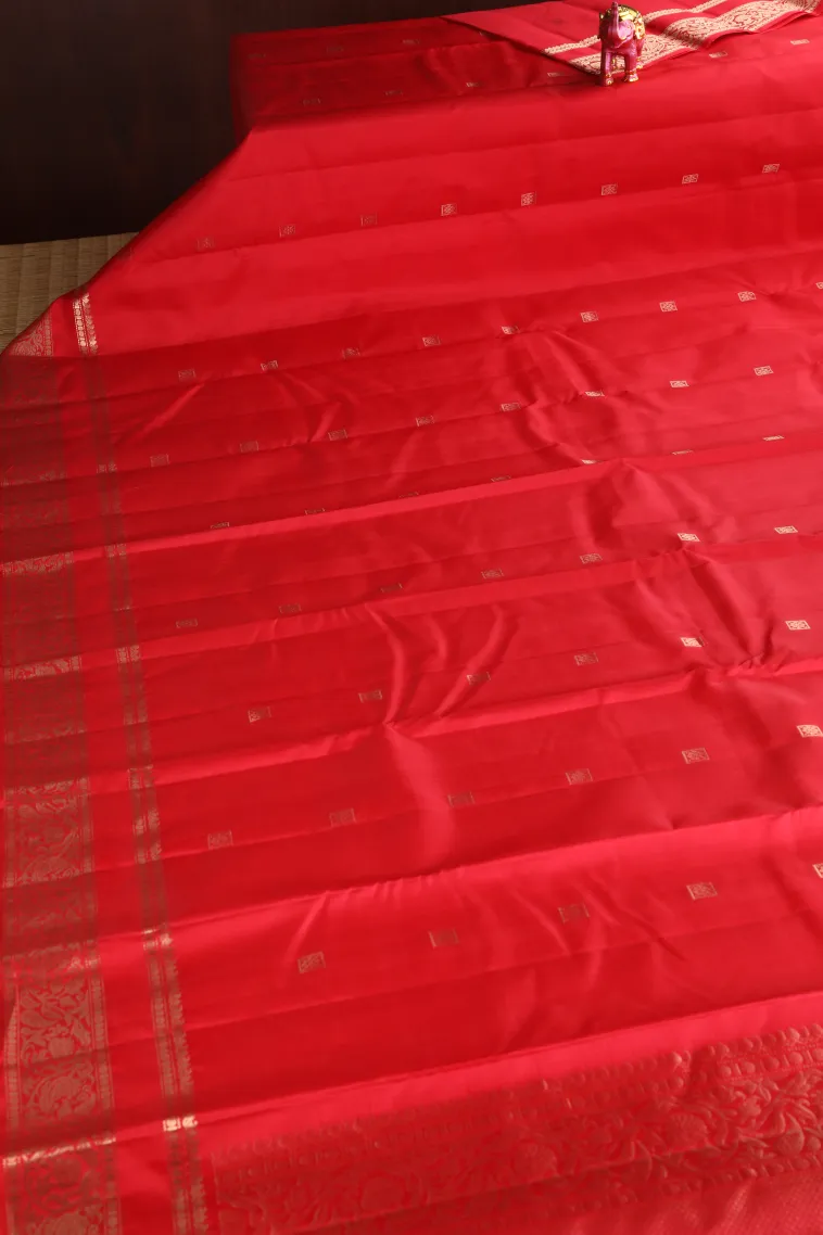Rose Red Soft Silk Saree with Gold Zari Buttis (small Dots Or Motifs) view 2