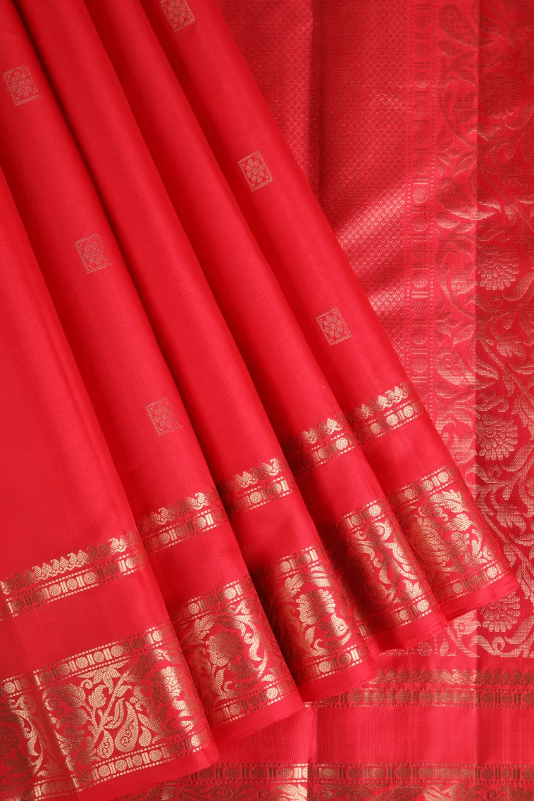 Rose Red Soft Silk Saree with Gold Zari Buttis (small Dots Or Motifs) view 1