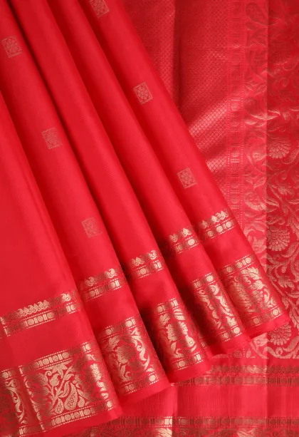 Rose Red Soft Silk Saree with Gold Zari Buttis (small Dots Or Motifs)