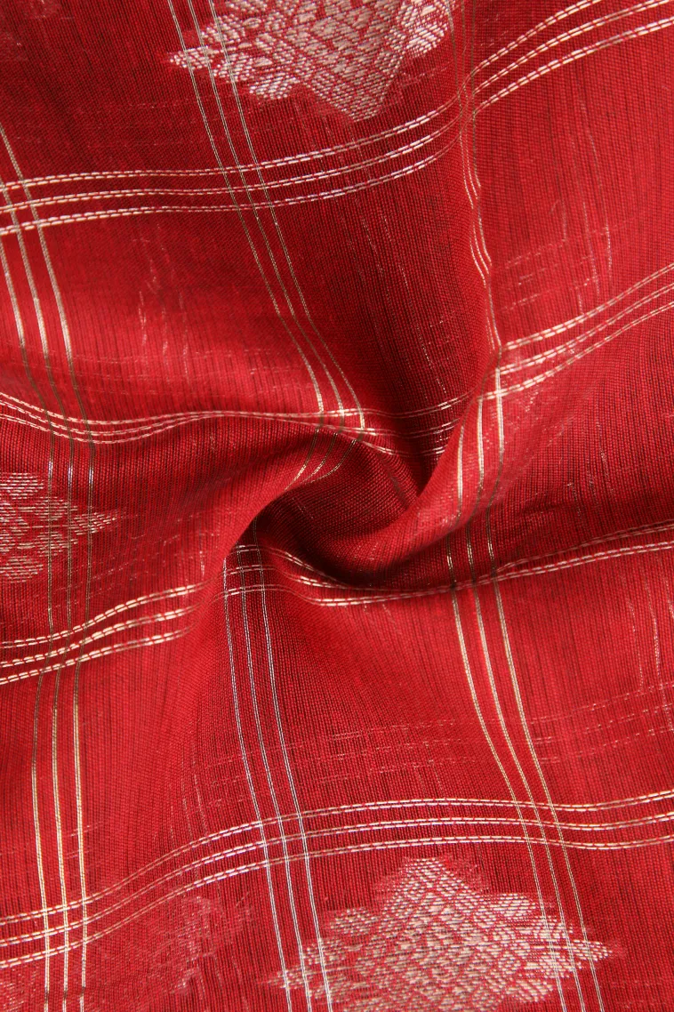 Apple Red Raw Silk Sarees with Thread Zari Checks And Puttas view 4