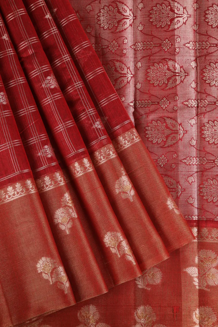 Apple Red Raw Silk Sarees with Thread Zari Checks And Puttas