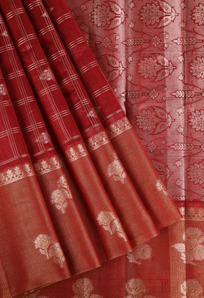 Apple Red Raw Silk Sarees with Thread Zari Checks And Puttas