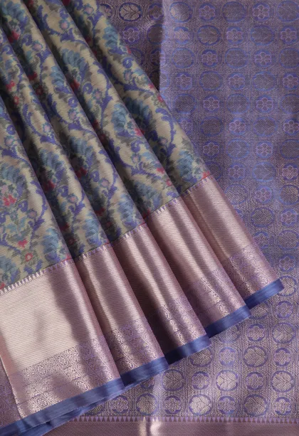 Pistachio Green Soft Silk Sarees with Bronze Zari Floral Patterns