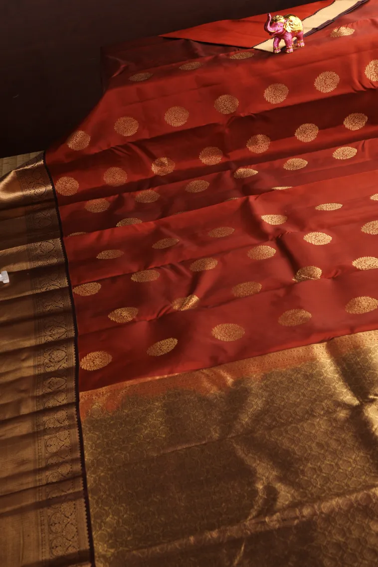 Amber Orange Soft Silk Saree with Gold Zari Buttis (small Dots Or Motifs) view 2