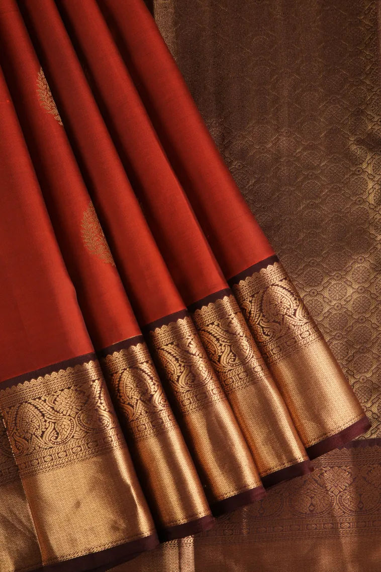 Amber Orange Soft Silk Saree with Gold Zari Buttis (small Dots Or Motifs)