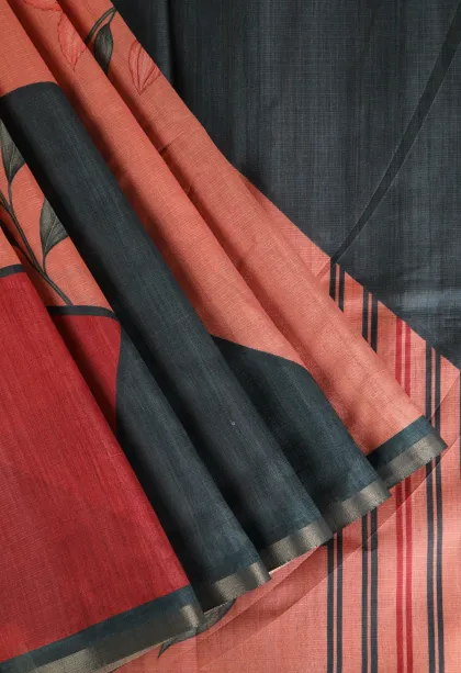 Peach Pink Semi Raw Silk Printed Without Zari With Geometric Shapes