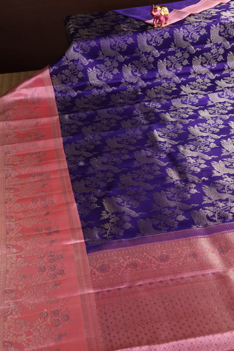 Indigo Blue Kanchipuram Silk Sarees with Silver Zari Peacock Motifs view 2
