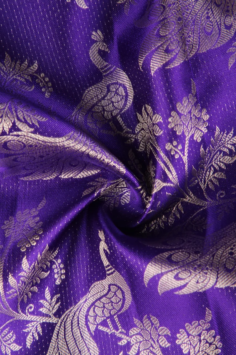 Indigo Blue Kanchipuram Silk Sarees with Silver Zari Peacock Motifs view 4