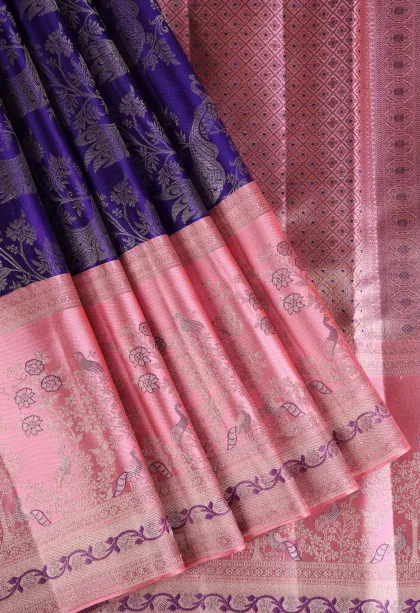 Indigo Blue Kanchipuram Silk Sarees with Silver Zari Peacock Motifs