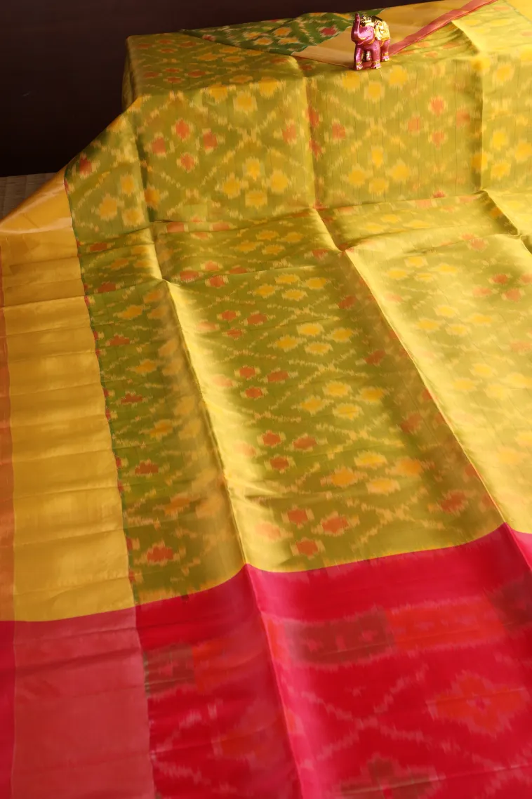 Lime Green Pochampalli Saree Without Zari With Floral Patterns view 2