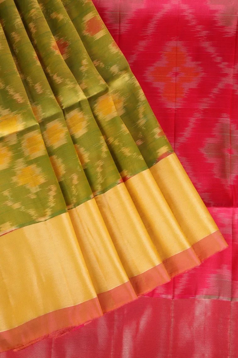 Lime Green Pochampalli Saree Without Zari With Floral Patterns