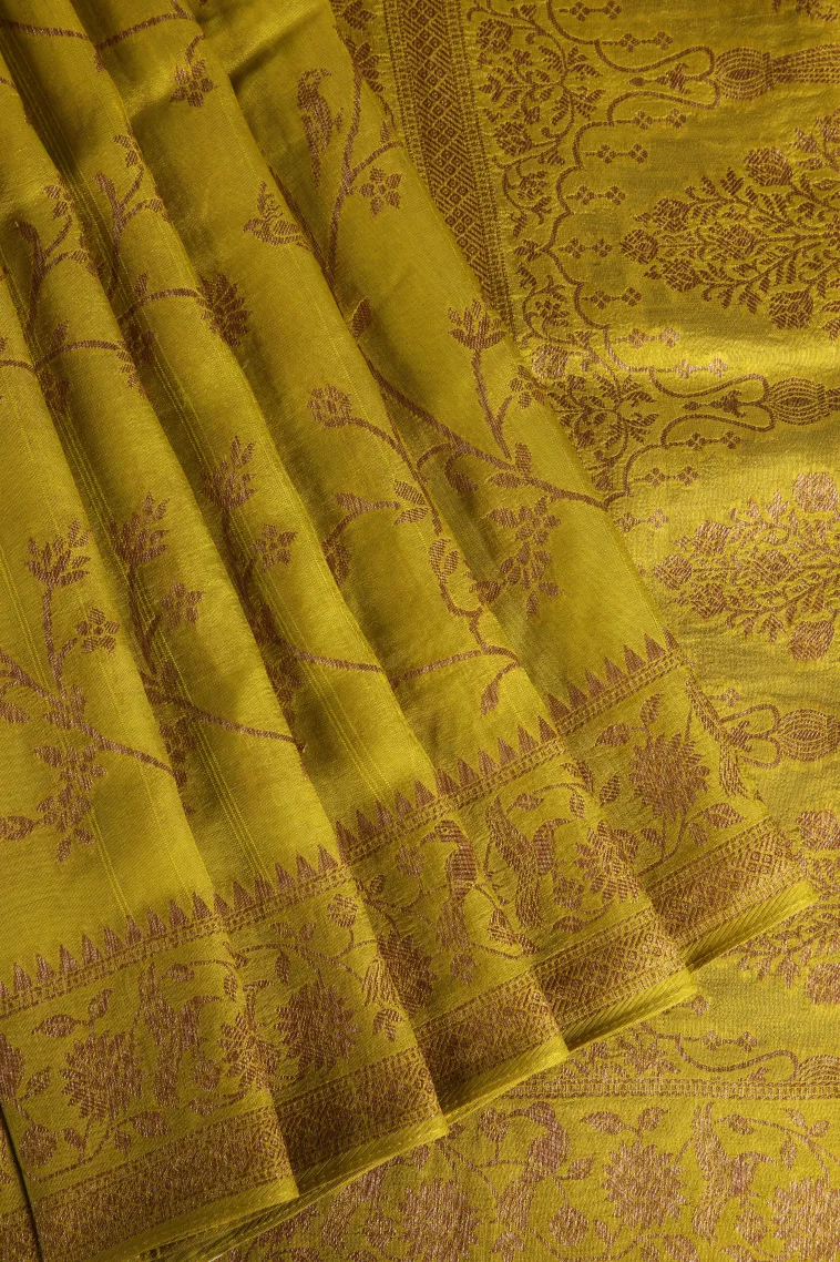 Lemon Yellow Banaras Sarees with Copper Zari Floral Patterns