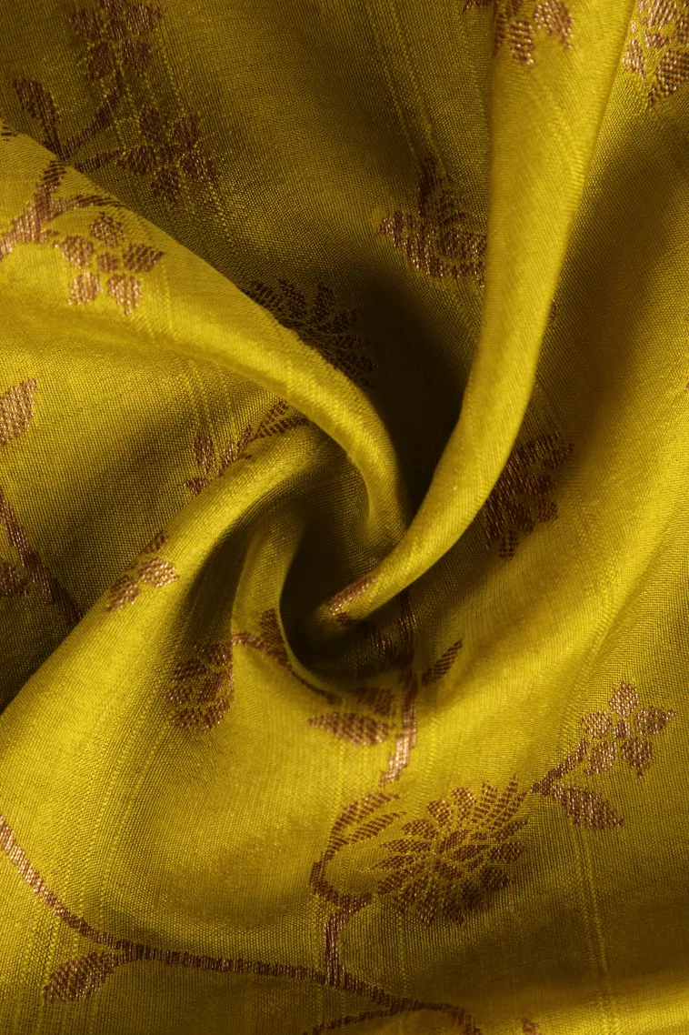 Lemon Yellow Banaras Sarees with Copper Zari Floral Patterns view 4