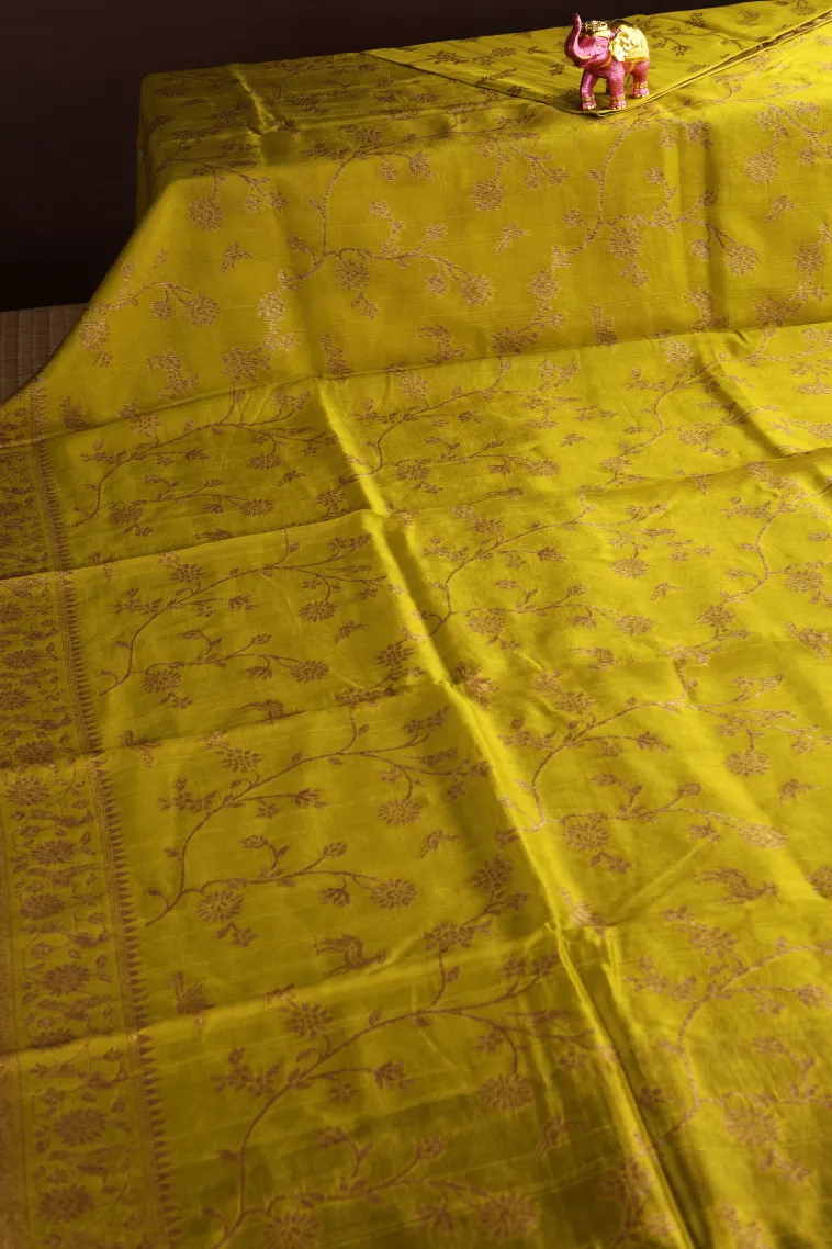 Lemon Yellow Banaras Sarees with Copper Zari Floral Patterns view 2