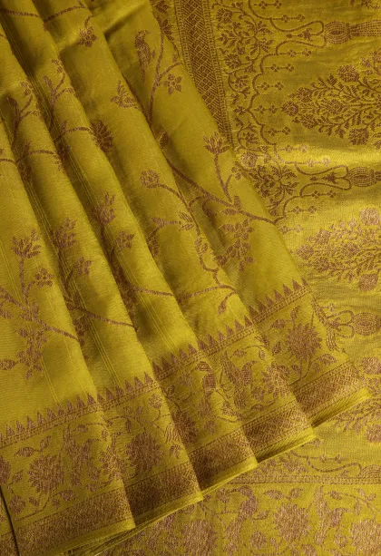 Lemon Yellow Banaras Sarees with Copper Zari Floral Patterns